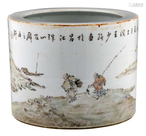 A Chinese polychrome brush pot, decorated with fishermen and a boat in a river landscape, with a calligraphic text, marked, H 15,5 - ø 20 cm