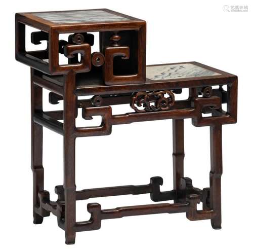 A Chinese carved hardwood stand with marble tops and plaque, H 71 - W 65,5 - D 32 cm