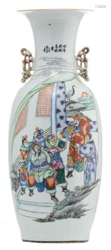 A Chinese polychrome decorated vase with figures in a pavilion and calligraphic texts, H 57,5 cm