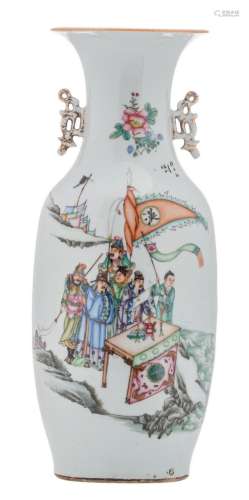A Chinese famille rose vase, decorated with officials, their guards on a shore and calligraphic texts, H 57,5 cm