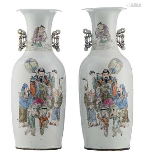 A fine pair of Chinese famille rose vases, depicting Immortals, children and calligraphic texts, signed by the artist, H 60,5 - 62 cm