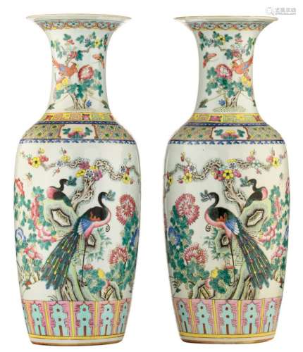 A pair of Chinese famille rose vases, one side decorated with birds and flower branches, the other side with antiquities and flower branches, H 60 cm