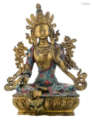 A Chinese gilt bronze cloisonné enamel seated Bodhisattva, H 37 - W 29 - D 20 cm