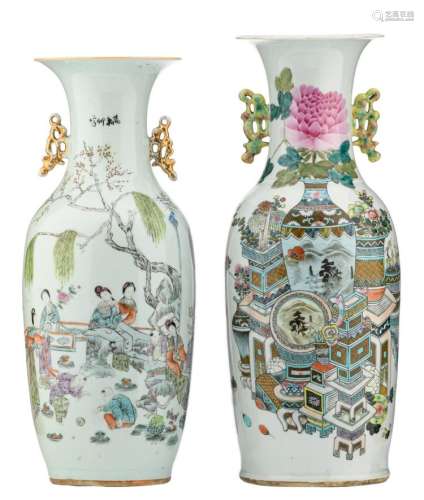 Two Chinese famille rose vases, one vase decorated with court ladies and children in a garden, the other vase with antiquities and flower branches, both vases with calligraphic texts, both vases marked, H 57,5 - 61 cm