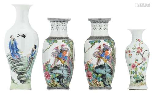 Four Chinese famille rose baluster shaped vases, decorated with phoenix, flower branches and figures in a landscape, all vases marked, H 24 - 33,5 cm