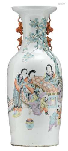 A Chinese polychrome vase, decorated with court ladies, children in a garden and calligraphic texts, H 58,5 cm