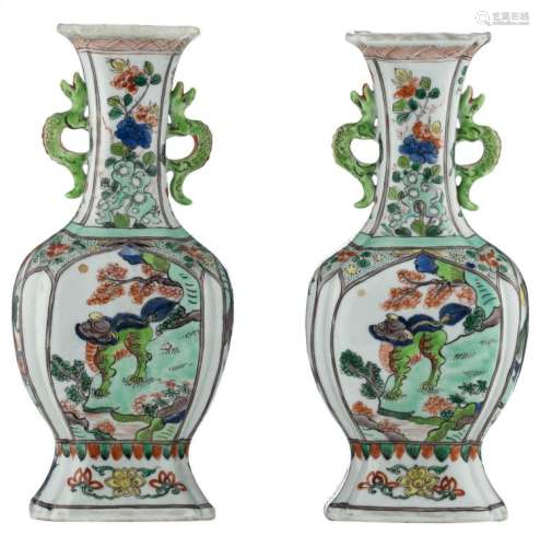 Two Chinese famille verte baluster shaped vases, decorated with Fu lions and birds, the handles dragon shaped, H 28,5 cm