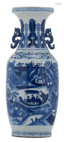 A Chinese pale celadon ground blue and white vase, overall decorated with figures and boats in a mountainous river landscape, 19thC, H 62 cm