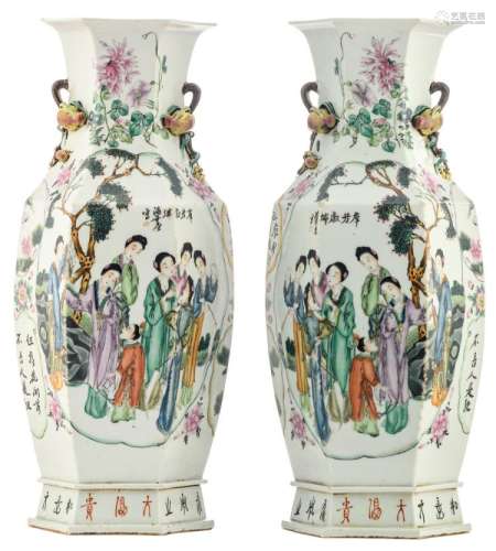 A pair of Chinese famille rose quadrangular vases, decorated with a gallant scene and calligraphic texts, the handles pomegranate shaped, signed, H 58,5 cm