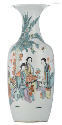 A Chinese polychrome decorated vase with ladies and children in a garden and calligraphic texts, H 58 cm
