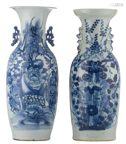 A Chinese celadon ground blue and white decorated vase with flower branches, a deer and a crane; added a ditto vase, H 58 - 58,5 cm