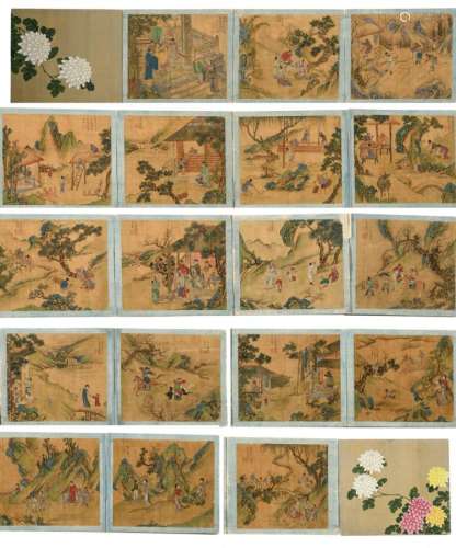 A Chinese album with eighteen silk paintings depicting scenes from daily life, signed by the artist, 24,5 x 27 cm