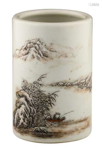 A Chinese polychrome decorated brush pot depicting a fishermen in a river landscape, H 11,5 cm