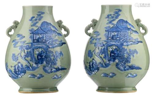 Two Chinese celadon ground blue and white Hu vases, decorated with figures in and round a pavilion, H 50 - 50,5 cm