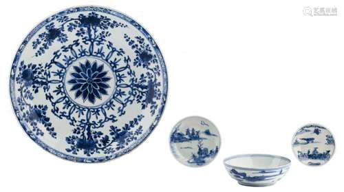 A various of Chinese blue and white porcelain, decorated with flower branches and mountainous river landscapes, 17 / 18thC, H 1,5 - 5,5 - ø 10 - 35,5 cm