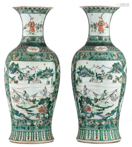 A pair of Chinese famille verte baluster shaped vases, decorated with flowers and butterflies, the roundels with fishermen in a mountainous river landscape, 19thC, H 60,5 cm