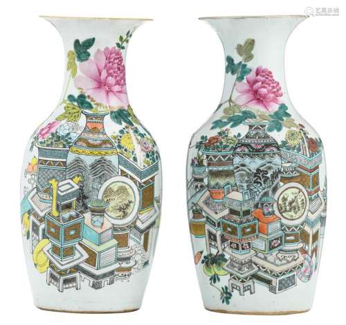 Two Chinese famille rose vases, decorated with antiquities, flower branches and calligraphic texts, H 44 cm