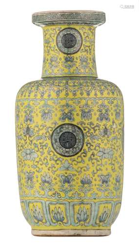 A Chinese yellow ground polychrome rouleau shaped stoneware vase, overall decorated with lotus flowers, pineapples and auspicious symbols, H 35,5 cm