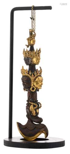 A Sino-Tibetan ritual gilt, silver and patinated bronze ritual knife with semi-precious stone inlay, with a matching stand, H 40,5 cm