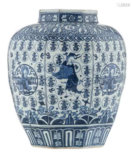 A Chinese blue and white octagonal vase, decorated with Fu and Shou characters, deities and auspicious symbols, H 48 cm