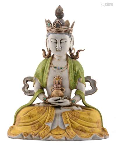 A Chinese polychrome decorated seated Buddha, Qing dynasty, H 27,5 - W 21,5 - D 17 cm