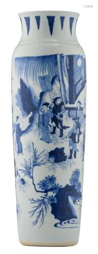 A fine Chinese blue and white Transitional cylindrical vase, depicting an animated scene, H 47,5 cm