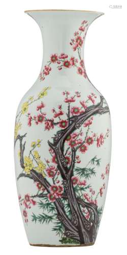 A Chinese famille rose vase, decorated with prunus blossoms and bamboo, H 57 cm