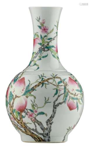 A fine Chinese famille rose nine peaches bottle vase, with a Yongzheng mark, H 41 cm