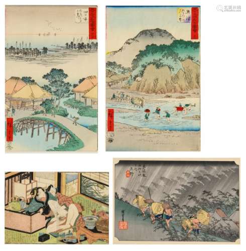 Three Japanese ukiyo-e by Hokusai, one of them a 20thC copy, two of them late 19th / early 20thC reprints; added a shunga ukiyo-e, 19thC, 3 x oban 17 x 25 cm