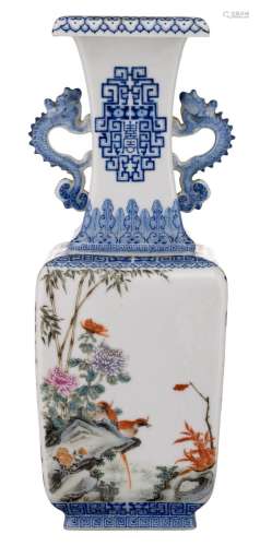 A Chinese blue and white and famille rose quadrangular vase, depicting various animals and flower branches, the handles dragon shaped, with a Yongzheng mark, H 33 cm