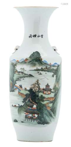 A Chinese polychrome vase, decorated with figures in a mountainous river landscape and calligraphic texts, H 58 cm