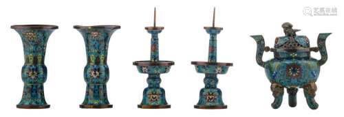 A miniature set of Chinese cloisonné enamel vases, candle sticks and an incense burner, 19thC, H 13 - 16 cm