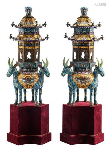 An exceptional pair of Chinese cloisonné enamel pagode and deer shaped incense burners and covers, decorated with phoenix heads, taotie and semi-precious stones, on a matching base, 19thC, H 138 cm