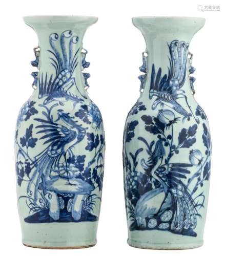 Two Chinese celadon ground blue and white vases, decorated with phoenix, rocks and flower branches, 19thC, H 58 - 58,5 cm