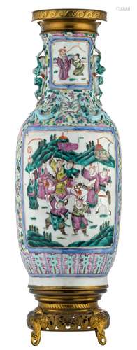 A Chinese famille rose floral decorated vase, the roundels with warriors and court scenes, 19thC, with gilt brass mounts, H 76 cm