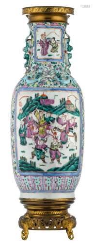 A Chinese famille rose floral decorated vase, the roundels with warriors and court scenes, 19thC, with gilt brass mounts, H 76 cm
