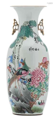 A Chinese famille rose vase, decorated with birds, flower branches and calligraphic texts, H 57,5 cm