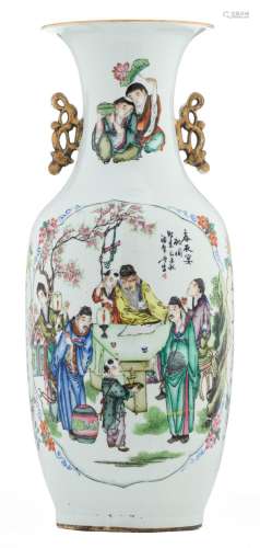 A Chinese famille rose vase, one side decorated with an animated scene, the other side with a bird on a flower branch, with calligraphic texts, signed, H 58 cm