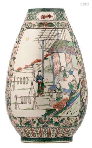 A Chinese famille verte floral decorated vase, the roundels with scenes from the daily life, with a blue upperglaze Kangxi mark, 18 / 19thC, H 43 cm