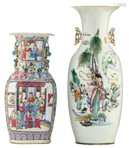 A Chinese famille rose floral and relief decorated vase, the roundels with warriors and court scenes; added a ditto vase, decorated with a court lady and playing children in a garden, H 46,5 - 57,5 cm