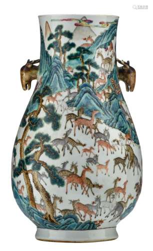 A fine Chinese famille rose decorated one hundred deer Hu vase, the handles deer head shaped, 19thC, H 44,5 cm