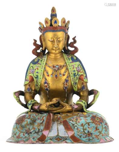 A Chinese famille rose and polychrome gilt decorated seated Buddha, Qianlong type, H 24,5 cm