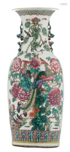 A Chinese famille rose vase, overall decorated with phoenix, pheasants, rocks and flower branches, 19thC, H 60 cm