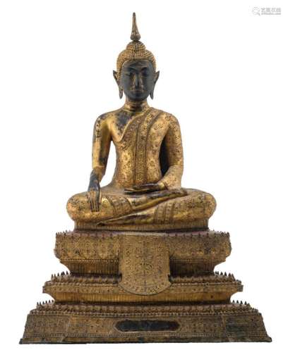 A Thai gilt lacquered bronze seated Buddha on a multi stepped base, about 1900, H 57 cm