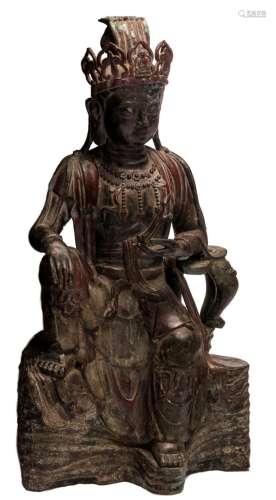 A Chinese polychrome lacquered brass cast seated Guanyin, about 1900, H 100 - W 58 cm