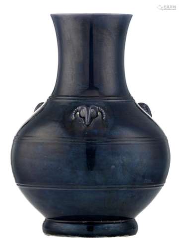 A Chinese dark blue glazed goat heads relief decorated vase, H 41,5 cm