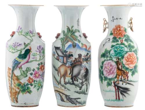 Three Chinese famille rose and polychrome decorated vases with various scenes and calligraphic texts, 58,5 cm