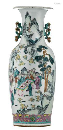 A Chinese famille rose decorated vase with savants in a mountainous landscape, H 61,5 cm