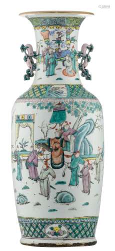 A Chinese famille rose vase, overall decorated with an animated scene with dignitaries and literati, 19thC, H 62 cm