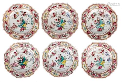 A set of six small Chinese famille rose dishes, depicting a sage and his servant, Qianlong, ø 15 cm